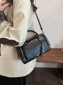 Tassel Decor Handbag, Women's Large Capacity Shoulder Bag, Fashion Zipper Crossbody Bag With Removab - 黑色 - 查看 2