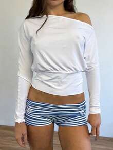 Womens Fold Over Yoga Shorts Dot/Stripe Low Rise Elastic Waist Y2k Lounge Shorts Foldover Cute Skinny Pajama Micro Bottoms Mini Shorts Sleepwear - 藍色 - 查看 5