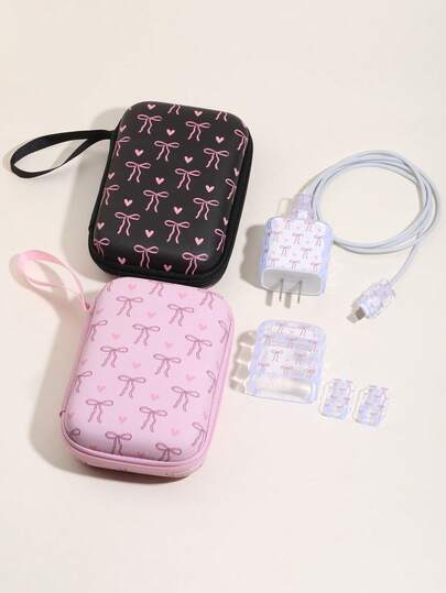 Bộ bảo vệ cáp sạc hình nơ và trái tim màu hồng dễ thương kèm hộp đựng - 4 món vỏ bọc cáp và sạc dành cho nữ, phụ kiện nội thất xe hơi.