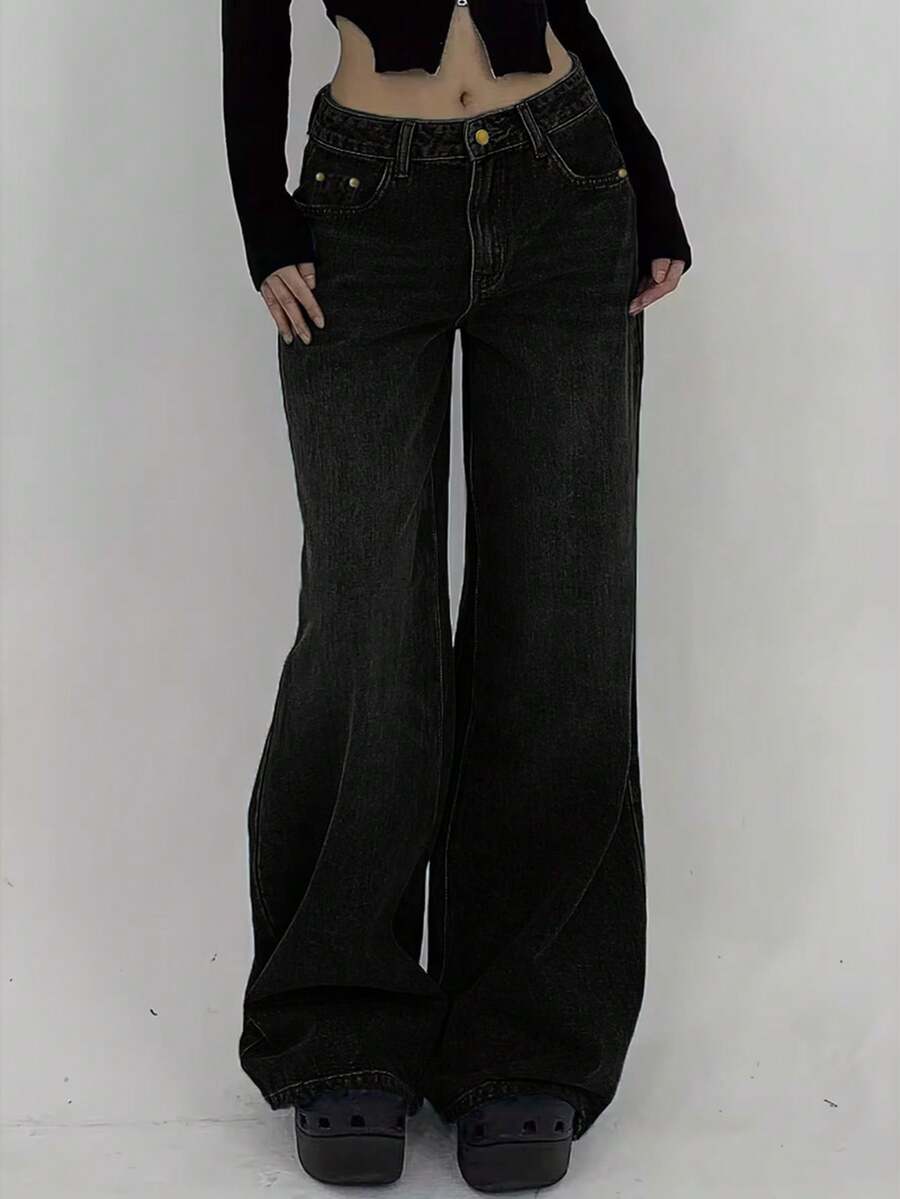 女士中腰褶裥阔腿牛仔裤，深蓝色水洗牛仔布，褶裥腰部设计，金属纽扣，2026 复古水洗休闲牛仔裤 - 黑色 - 查看 1
