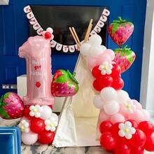 Kit de arco de balões com 133 peças, incluindo balões rosa e vermelhos com balão metalizado de morango, balão vermelho com bolinhas e balão verde para decoração de festa de aniversário de menina com tema de morango (primeiro aniversário/primeiro aniversário). - Multicolorido - Ver 5