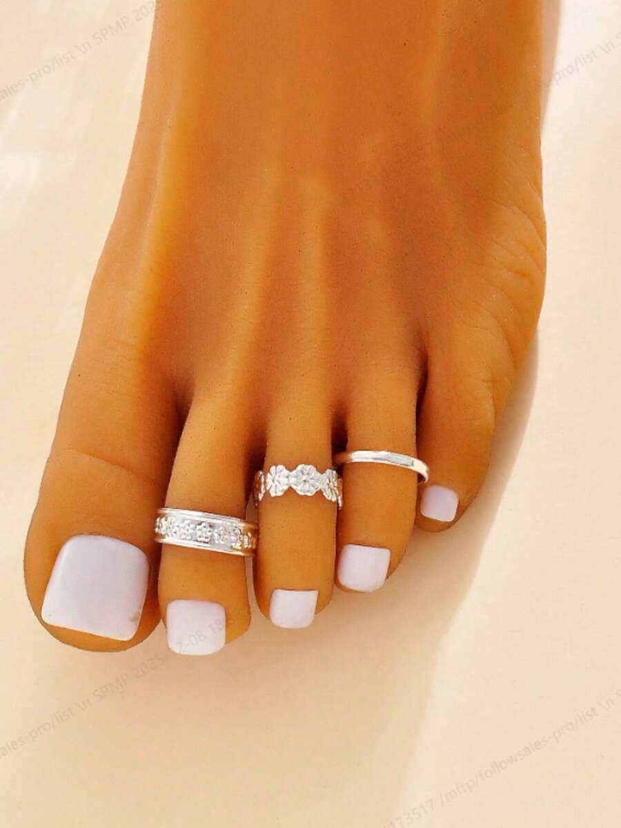 3pcs Creative & Fashionable Gold Color Floral Decor Women's Toe Ring Set, Suitable For Beach Vacation, Party, Date And Daily Wear - Silver - View 1