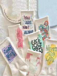 5双男女通用时尚图案袜子 - 字母印花休闲棉质船袜 - 彩色 - 查看 2