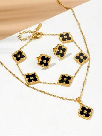 1pc Vintage Crafted Floral Colorfast Necklace, Luxury Minimalist Four-Leaf Flower Bracelet Necklace Earrings Set