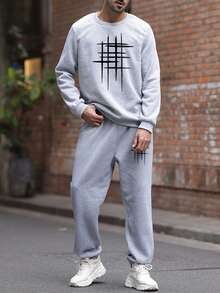 男士休闲街头风元素印花圆领卫衣和运动裤套装 - 灰色 - 查看 4