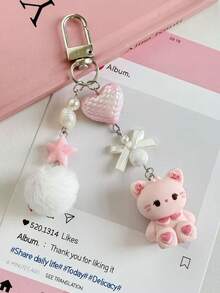 1pc Cute Cartoon Rabbit Pendant, Heart-Shaped CCD Camera Lanyard, Plush Ball Keychain - Multicolor - View 5