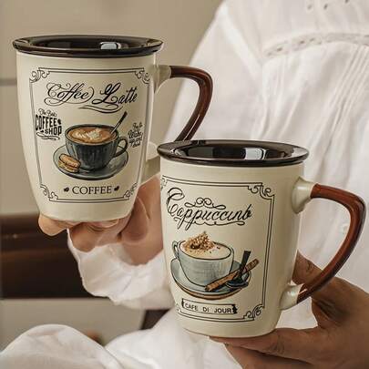 1 cốc cà phê sứ có nắp và thìa, thích hợp cho Latte, Mocha, Cappuccino, kiểu dáng cổ điển Mỹ, cốc sữa yến mạch kiểu Pháp, phù hợp cho nhà hàng, phòng khách, quán cà phê.