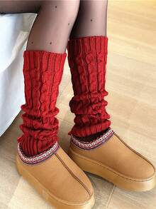 1双椒盐卷饼造型保暖过膝腿套，简约针织抓绒腿套，适合秋冬季户外穿着，中筒袜