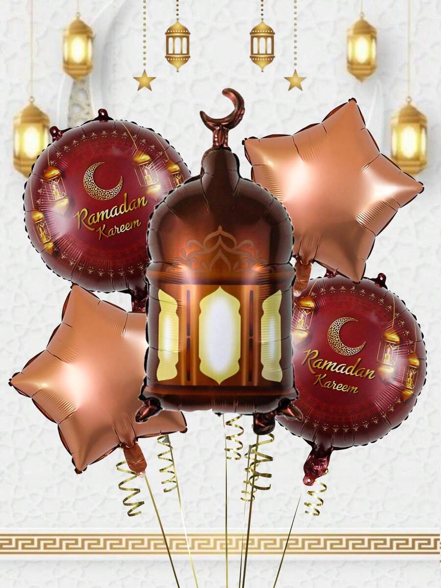 5 قطع مجموعة فوانيس وبالونات رمضان، تشمل فوانيس رمضان وبالونات نجمية من الرقائق المعدنية بقطر 18 بوصة، مناسبة لحفلات الاحتفال، ديكور عيد الفطر - متعدد الألوان - مشاهدة 1