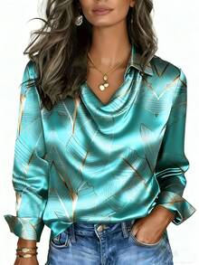 女士正式衬衫，几何图案，优雅大方，适合工作、日常穿着、宴会、派对等场合，褶皱设计，黄色、红色、蓝色可选，春秋冬季皆宜。 - 天藍色 - 查看 1