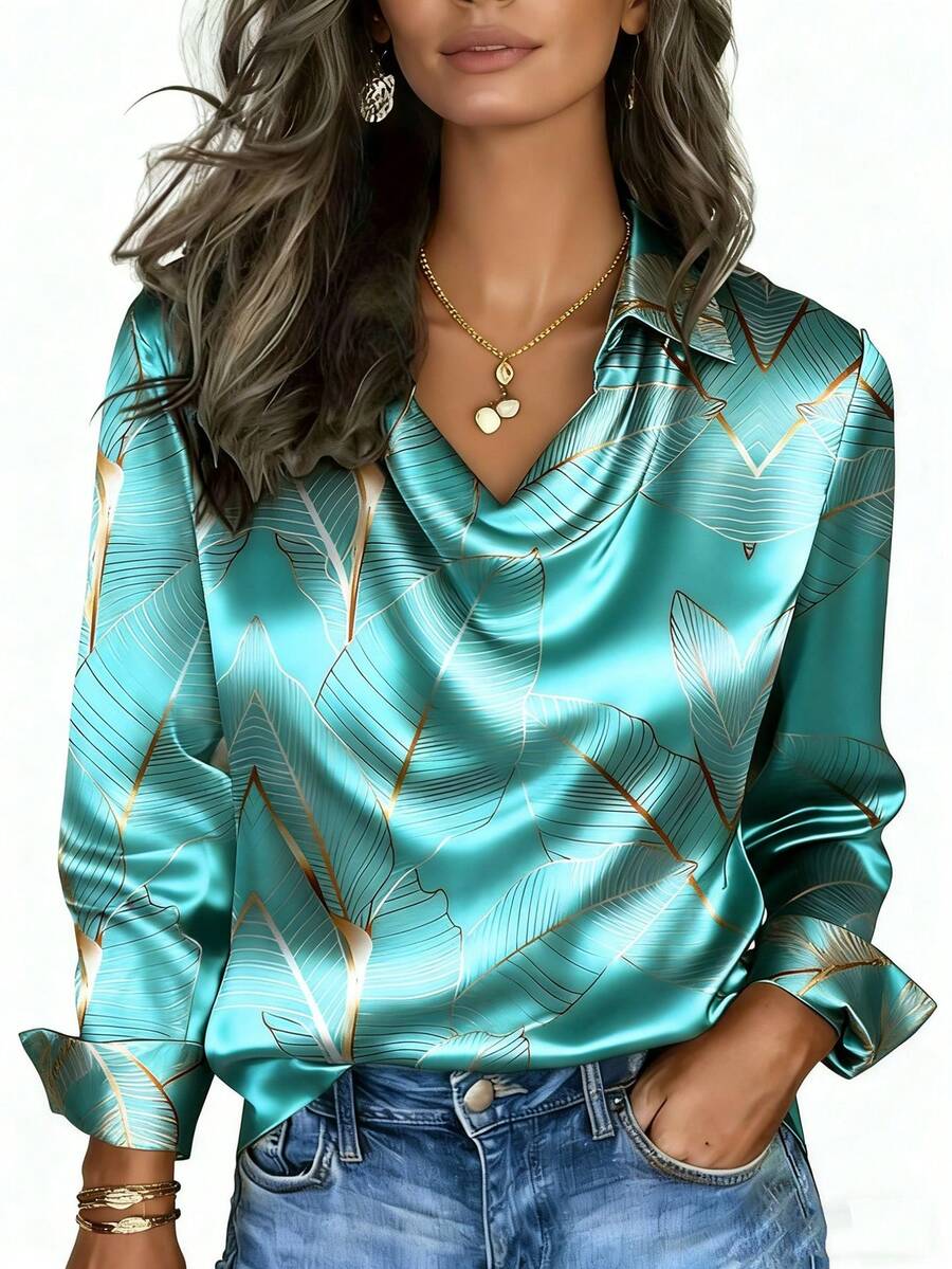 女士正式衬衫，几何图案，优雅大方，适合工作、日常穿着、宴会、派对等场合，褶皱设计，黄色、红色、蓝色可选，春秋冬季皆宜。 - 天藍色 - 查看 1