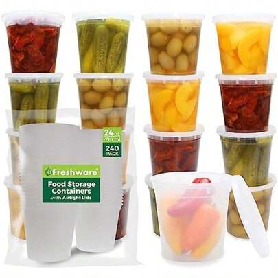 Freshware Contenedores de almacenamiento de alimentos de plástico de 24 onzas con tapas, slimo, sopa, recipientes de preparación de comidas, sin , apilables, a prueba de fugas, aptos para(24 onzas - 240 juegos)