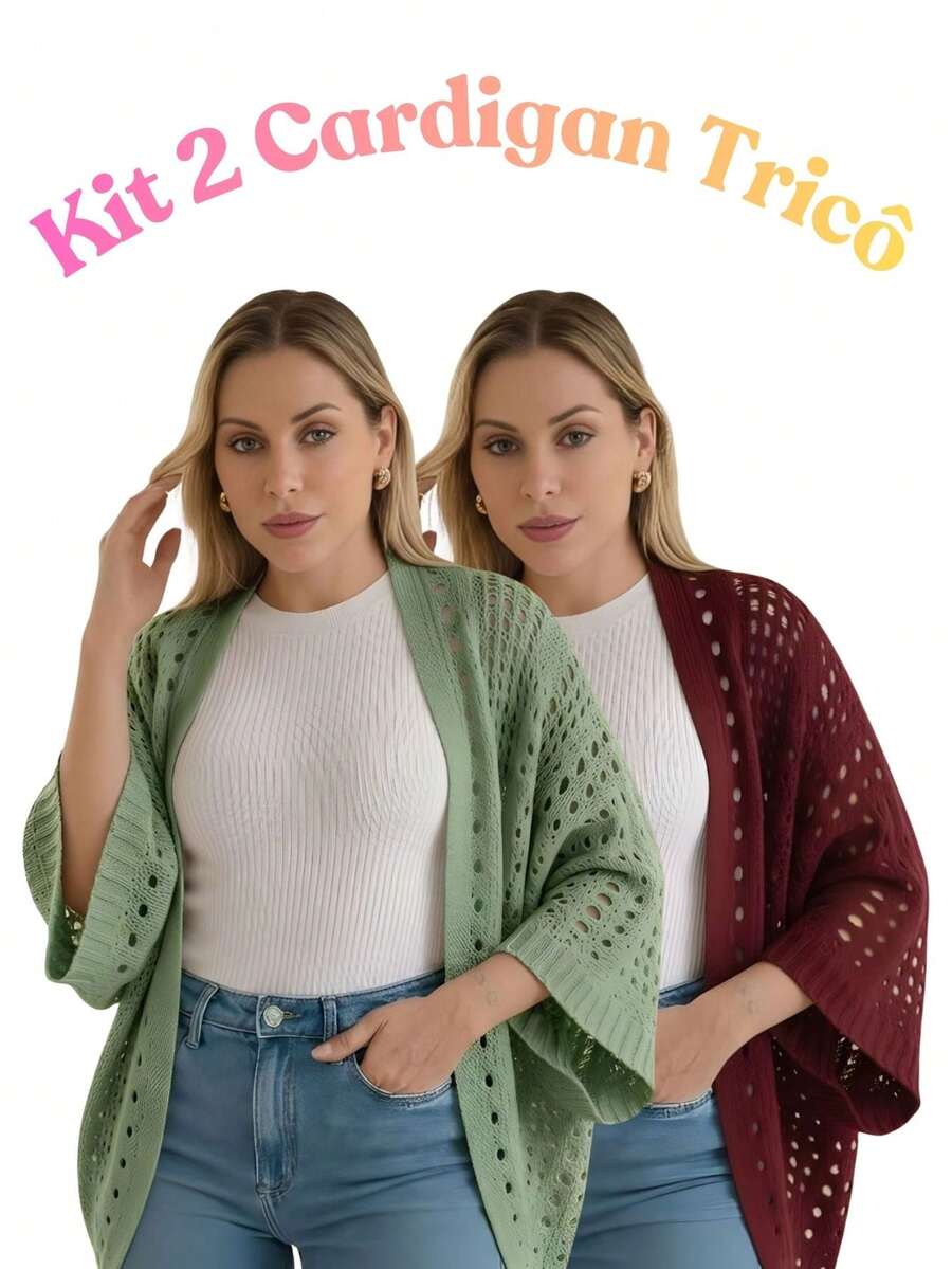 Set Of 2 Women's Cardigan Blouses, Knitted Cape, Openwork Knit, Autumn - 綠/瑪薩拉 - 查看 1