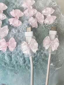 2pcs Pink Bow Universal Lightning (5-14) Type-C Cable Protector - Durable, Shockproof, Fashionable Phone Accessory Design - Plastic Cable Protector With Cute Bow Decoration, Charging Cable Protector - Multicolor - View 3