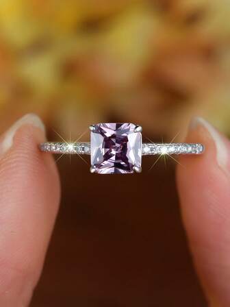 1 st. fyrkantig ring i sterlingsilver med violett kant och vit kubisk zirkonia, moderna geometriska minimalistiska, eleganta stapelbara smycken för kvinnor, hypoallergen present till alla hjärtans dag, årsdag, födelsedag, vardagskläder