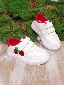 1 Pair Kids Strawberry Embroidered Synthetic Leather Anti-Slip Low-Top Casual Sneakers With Dual , Flat Heel, Sweet & Cute Style, Suitable For Daily Wear, Kindergarten, Spring - White - View 4