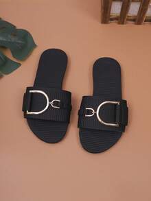 1双夏季新款儿童条纹金属扣凉鞋，女童时尚露趾拖鞋，儿童休闲防滑平底拖鞋，大码 - 黑色 - 查看 4