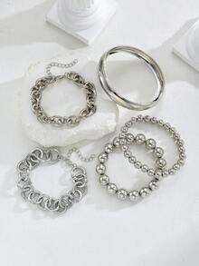 Bộ 5 vòng tay dây xích và hạt cườm kiểu cổ điển tối giản, thiết kế hình đồng xu cũ, phụ kiện dành cho nữ, thích hợp cho hẹn hò, kỳ nghỉ, trang phục hàng ngày, tiệc tùng, quà tặng lễ hội. - Bạc - Xem 7