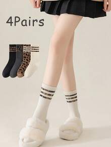 4 Pairs Retro Striped & Leopard Print Mid-Calf Socks, Versatile & Sock Combo - Multicolor - View 8