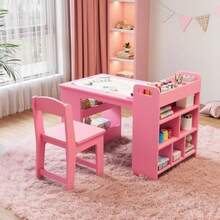 Mesa de arte infantil de 49 pulgadas, mesa grande para manualidades con 2 sillas, computadora de arte multifuncional con estantes de almacenamiento para habitación de los niños, jardín de - Rosa - Ver 1