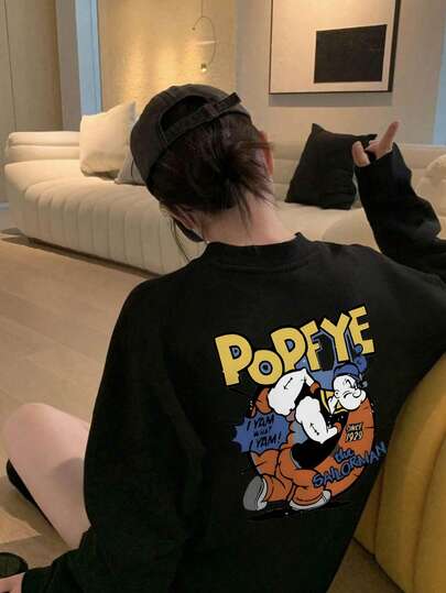 Women's Simple Solid Black Layering Long Sleeve Loose Versatile Casual Everyday Commute Street Y2K Contrast Letter Cartoon Sailor Cute Double-Sided Print Ribbed Long Sleeve Top T-Shirt