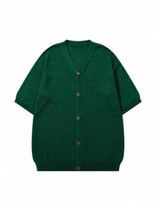 Spring Summer Men's New Casual Loose Minimalist Solid Color Korean Style Basic Versatile Commute Elegant Textured Lazy High Street V-Neck Button Front Short Sleeve Knit Cardigan Jacket - Green - View 2