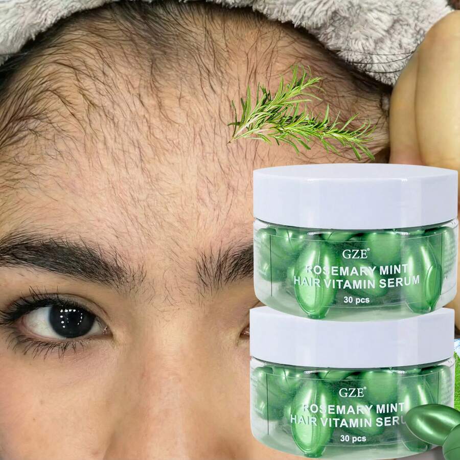 GZE 2 粒迷迭香薄荷护发维生素胶囊，含迷迭香油和薄荷油，强韧秀发精华 - 维生素 A、C、E、Pro、B5 - 男女适用护发素，令秀发丝滑柔顺 - 綠色 - 查看 1