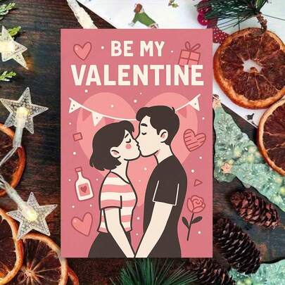 1pc Be My Valentine Romantic Couple Kissing Illustration Card Greeting Card With Envelope Sweet Love Art Design For Valentine's Day, Expressing Deep Affection And Warm Feelings, Great For Friends, Lovers, Colleagues, Family Members, Valentine Gift