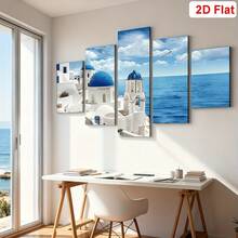 2D Flat, 5pcs Santorini & Blue Ocean Seagull Framed Canvas Art Set, White & Blue Aegean Sea Canvas Prints Wall Art, Modern Coastal Style Wall Decor, Suitable For Living Room, Bedroom, Office, Framed Landscape Painting, Ideal Holiday Gift, Coastal Home Decor - Multicolor - View 2