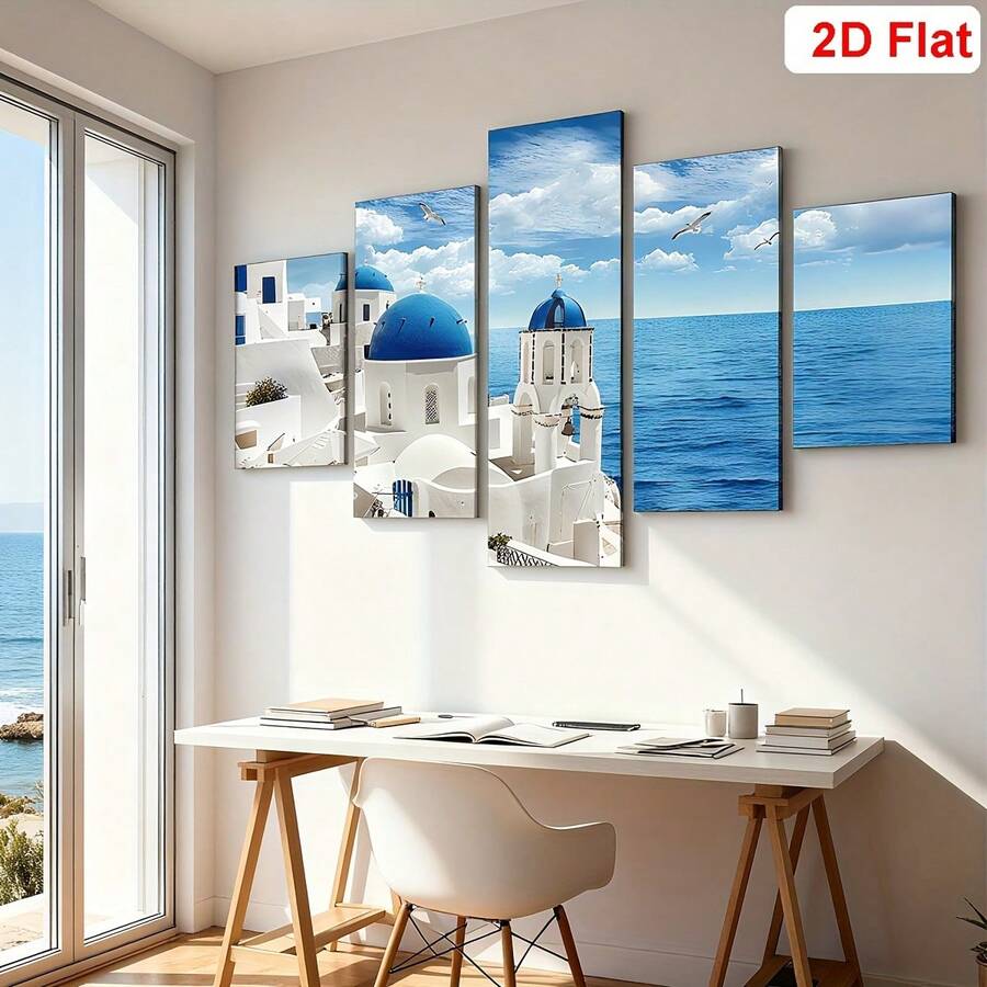 2D Flat, 5pcs Santorini & Blue Ocean Seagull Framed Canvas Art Set, White & Blue Aegean Sea Canvas Prints Wall Art, Modern Coastal Style Wall Decor, Suitable For Living Room, Bedroom, Office, Framed Landscape Painting, Ideal Holiday Gift, Coastal Home Decor