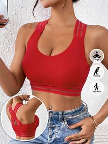LianShengFa Striped Criss-Cross Strap Women Yoga Bra, Round Neck Sleeveless Casual Seamless Camisole, Comfortable Breathable Sleep Bra Sports Bra, Christmas - Red - View 2