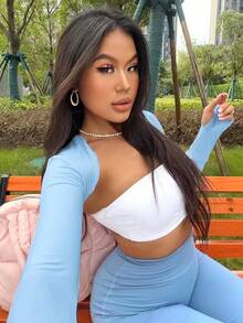 Women Crop Top Long Sleeve Bolero Open Front Workout Cropped Shirts Sports Shrug - Airy Blue - View 3