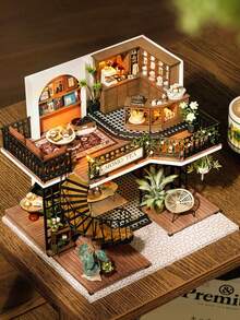 Casa de té con cubierta antipolvo, kit de construcción de modelos con muebles, juego de miniaturas de casa de muñecas, decoración de dormitorio, artesanía de madera, rompecabezas 3D, regalo de San Valentín y cumpleaños - Multicolor - Ver 4