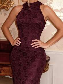 Da Jade Women's Elegant Burgundy Lace Mermaid Dress, High Neck And Back Ruffle Detailing, Sophisticated Burgundy Lace Fishtail Gown, Formal Dress For Autumn Galas And Holiday Parties, Timeless Elegant Winter Formal Gown For Special Occasions - Burgundy - View 1