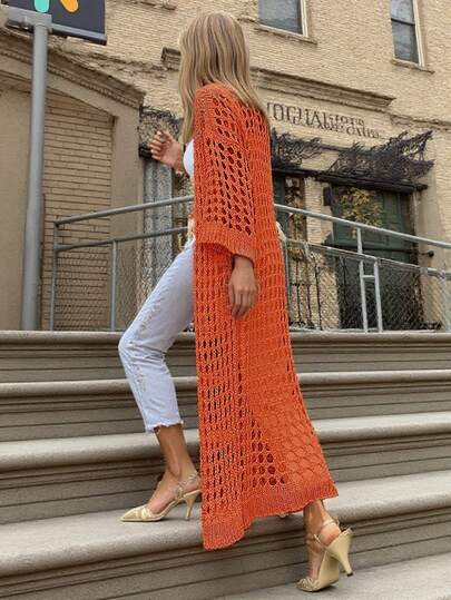 كارديجان طويل نسائي بلون أحادي مفرغ للخريف