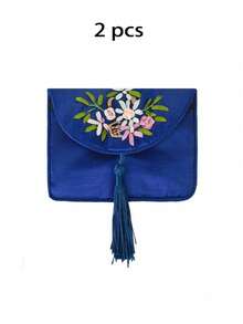 XD 1pc Mini Women's Embroidered Wallet, Vintage Zipper Clutch Purse, Large Capacity Floral Embroidery Colorful, Size (11x5cm) Portable Jewelry Storage Bag, Hibiscus Vintage Embroidered Satin With Tassel - Washable Nylon Fashion Accessory Women Wallet Mini Coin Purse - Multicolor - View 22