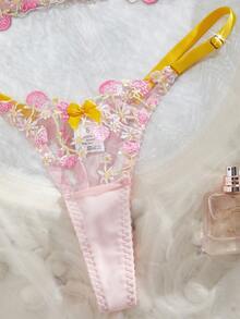 性感可调节草莓刺绣花卉内衣套装，带钢圈，文胸和内裤两件套 - 彩色 - 查看 6