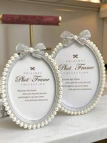 1个银色边框塑料领结相框，镶嵌水钻和人造珍珠，3英寸、6英寸、7英寸椭圆形相框，情人节生日派对，儿童家居装饰配件（图案随机发送） - 彩色 - 查看 3