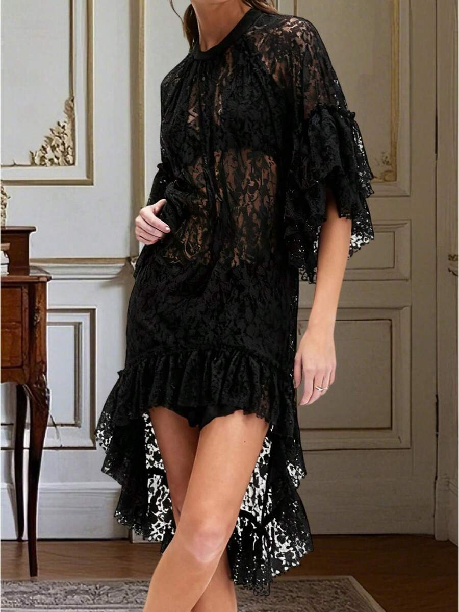 Women Lace Flowy Boho Top Sheer Poncho Blouse Bell Long Sleeve Ruffle Cover Up See Through Going Out Shawl Shirt - 黑色 - 查看 1