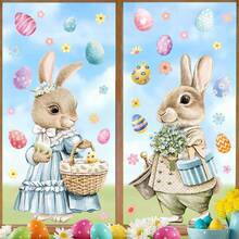 2pcs/Set Large Cute Rabbit & Egg Window Clings, Includes Flower Basket Pattern, Removable PVC Static Stickers, Suitable For Easter Home & Retail Store Window Decor - Multicolor - View 1