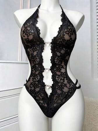 1pc Women's Sexy Desire Lingerie With Midriff Exposure, Tempting Heart-Shaped Rhinestone Lace Halter Tie-Front Jumpsuit, Rave