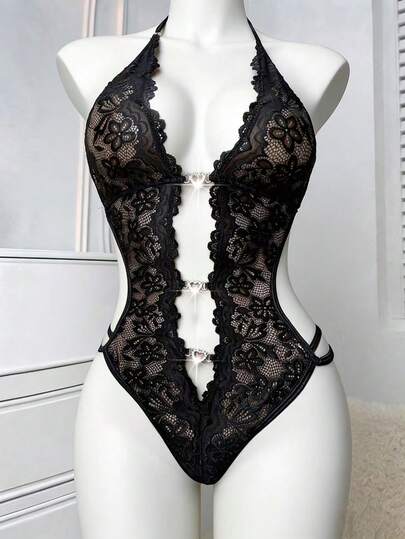 1pc Women's Sexy Desire Lingerie With Midriff Exposure, Tempting Heart-Shaped Rhinestone Lace Halter Tie-Front Jumpsuit, Rave