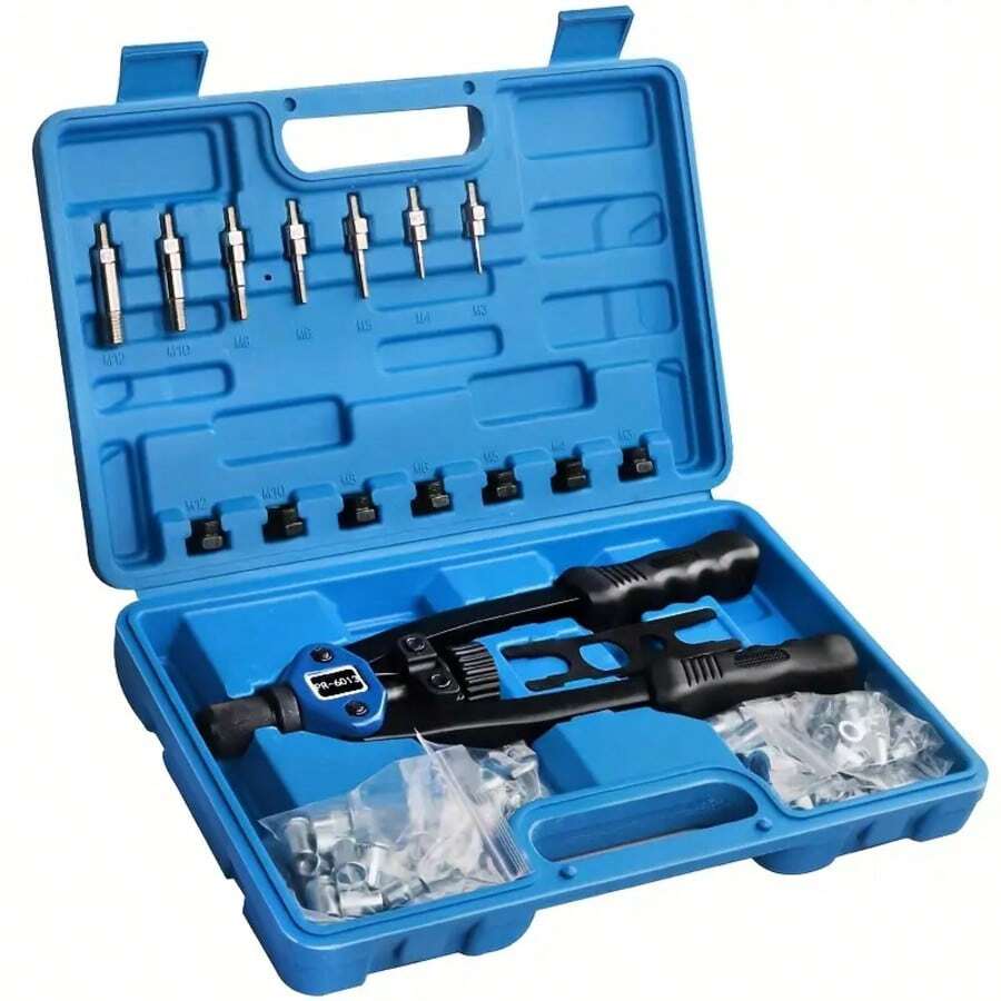 13-Inch Rivnut Tool Kit – Complete Pop Rivet Nut Gun Set With 110Pcs RIV Nuts (M3–M12) & Mandrels For Automotive And DIY Repairs - Blue - View 1