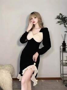 فستان طويل الأكمام بلون أسود غير منتظم، أكمام منتفخة مكسرة الحافة، فستان ضيق مشدود الخصر، مناسب للتصوير الفوتوغرافي والتخرج والحفلات والمواعيد وعيد الحب - متعدد الألوان - مشاهدة 5