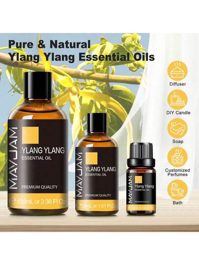 MAYJAM 1pc 10/30/100ml Ylang Ylang Essential Oils For Aromatherapy Diffusers Humidifier DIY Candle,Ylang Ylang Oils For Diffusers For Home Skin Care,Freshen Air,Repel Mosquitoes,Energy Boosting,Ideal For Home/Gatherings/Travel