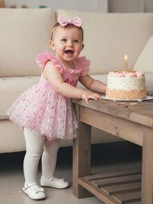 Baby Girl 1st Birthday Clothes One Year Old Tulle Romper Flying Sleeve Bodysuit Cake Smash Outfits - 粉色 - 查看 3
