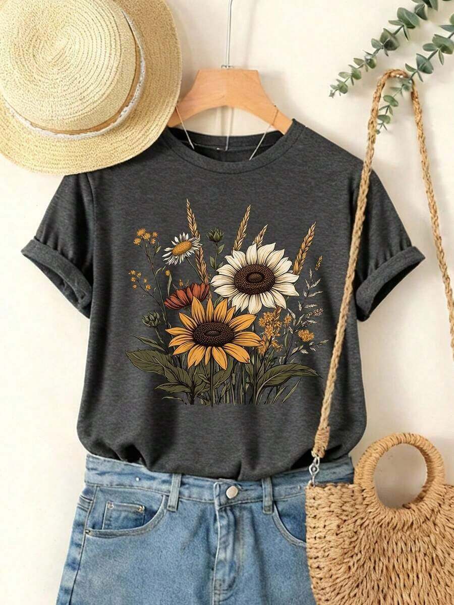 Women's Round Neck Short Sleeve Shirt Casual Retro Print Spring Summer Daily Wear Soft Comfortable Fabric - 淺灰色 - 查看 1