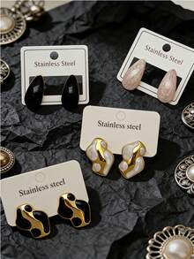 6对优雅迷人的珐琅花朵珍珠耳环，时尚水滴形/五瓣花黑色油滴耳环，精致蝴蝶结耳环及其他时尚配饰 - 彩色 - 查看 13