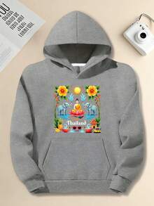 Plus Size Unisex Men's Thai New Year Songkran Festival - Thai Buddha Print With Thai Baht And Tuk Tuk Design, Casual Pullover, 250g Warm Sweatshirt, Suitable For Thai Cultural Events And Winter Wear (Machine Washable) - 混合 - 查看 2