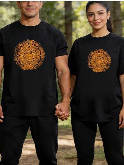 Camiseta de arte de los mayas nativos mexicanos del calendario azteca, camiseta clásica negra, camiseta gráfica vintage para parejas % algodón